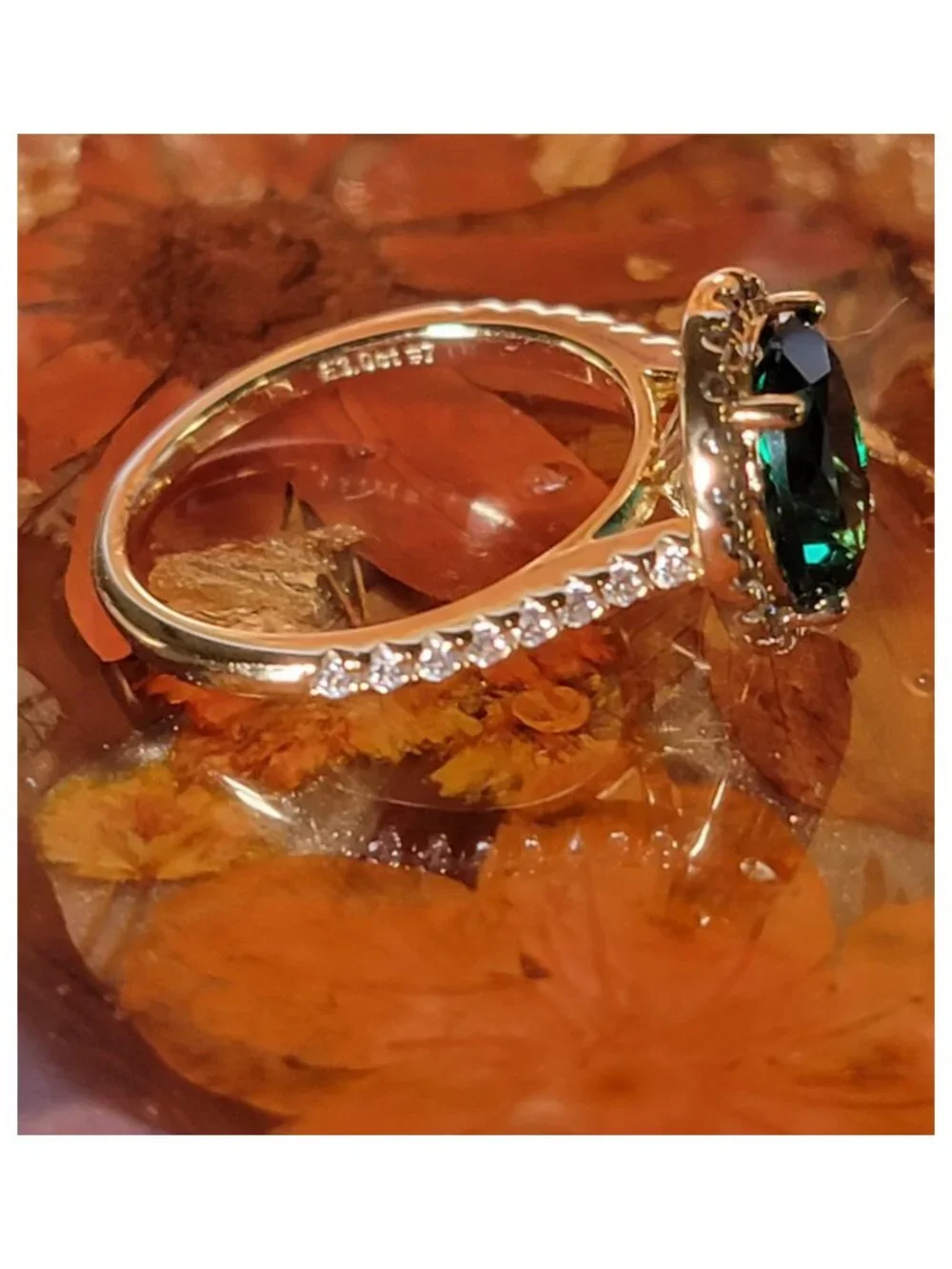 3ct Lab Grown Emerald Halo Ring 925 Silver Champagne Gold Size 7 NWT